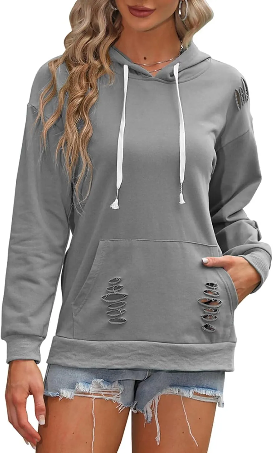 EADINVE Women's Hooded Sweatshirt Hollow Out Distressed Long Sleeve Drawstring Hoodie with Kangaroo Pocket