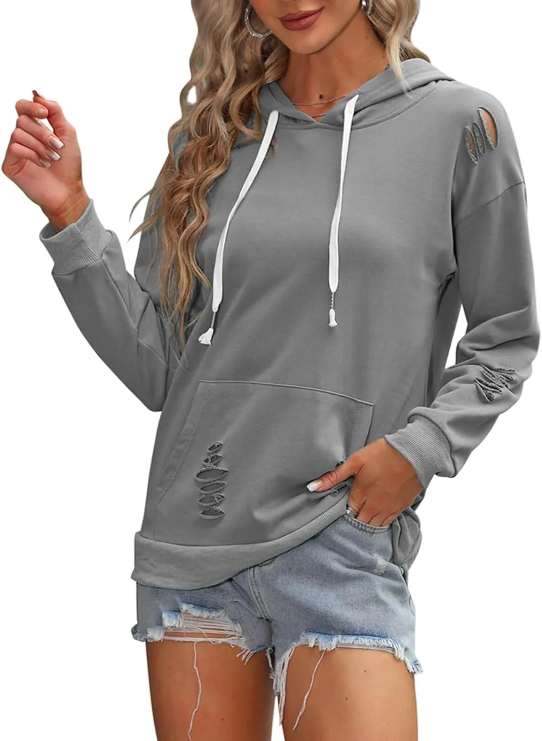 EADINVE Women's Hooded Sweatshirt Hollow Out Distressed Long Sleeve Drawstring Hoodie with Kangaroo Pocket