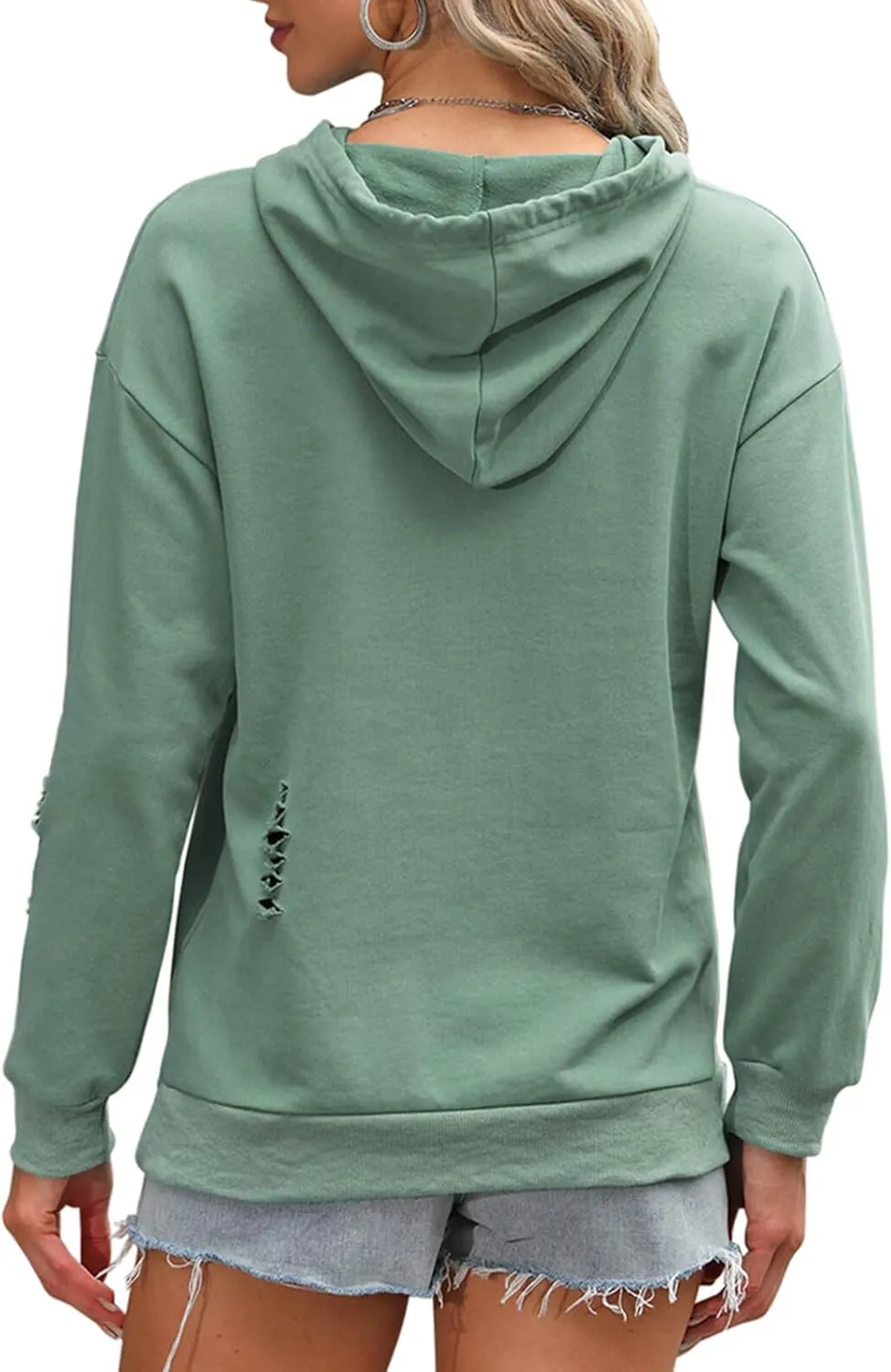 EADINVE Women's Hooded Sweatshirt Hollow Out Distressed Long Sleeve Drawstring Hoodie with Kangaroo Pocket