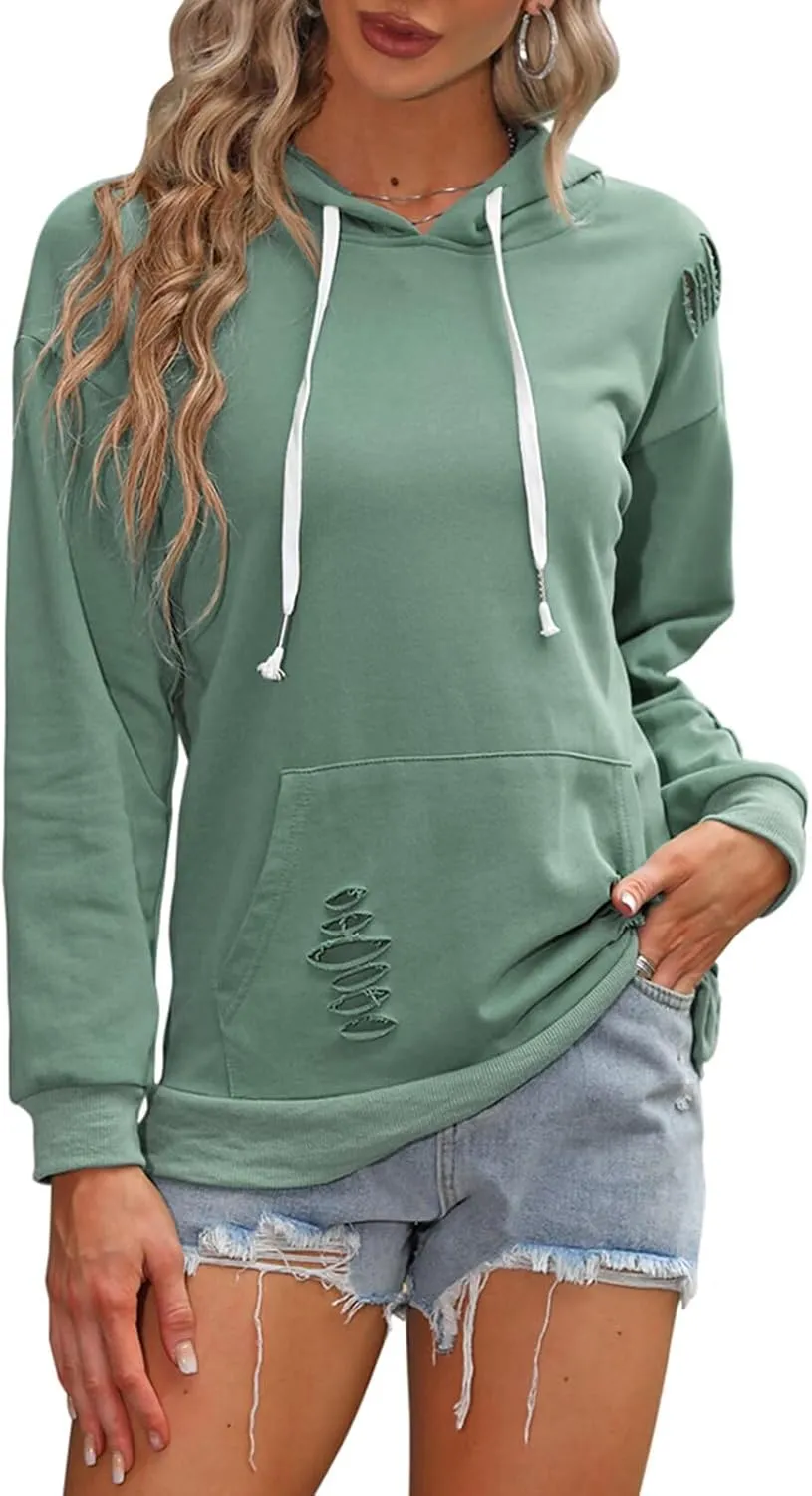 EADINVE Women's Hooded Sweatshirt Hollow Out Distressed Long Sleeve Drawstring Hoodie with Kangaroo Pocket