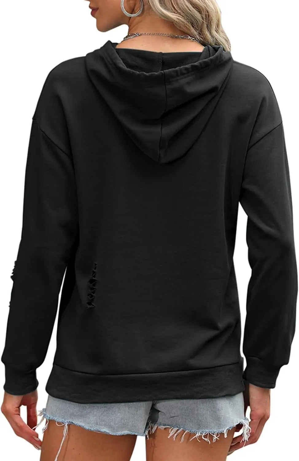 EADINVE Women's Hooded Sweatshirt Hollow Out Distressed Long Sleeve Drawstring Hoodie with Kangaroo Pocket