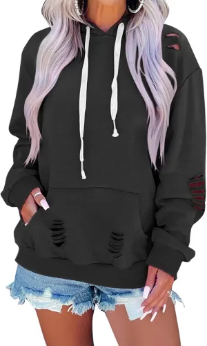 EADINVE Women's Hooded Sweatshirt Hollow Out Distressed Long Sleeve Drawstring Hoodie with Kangaroo Pocket