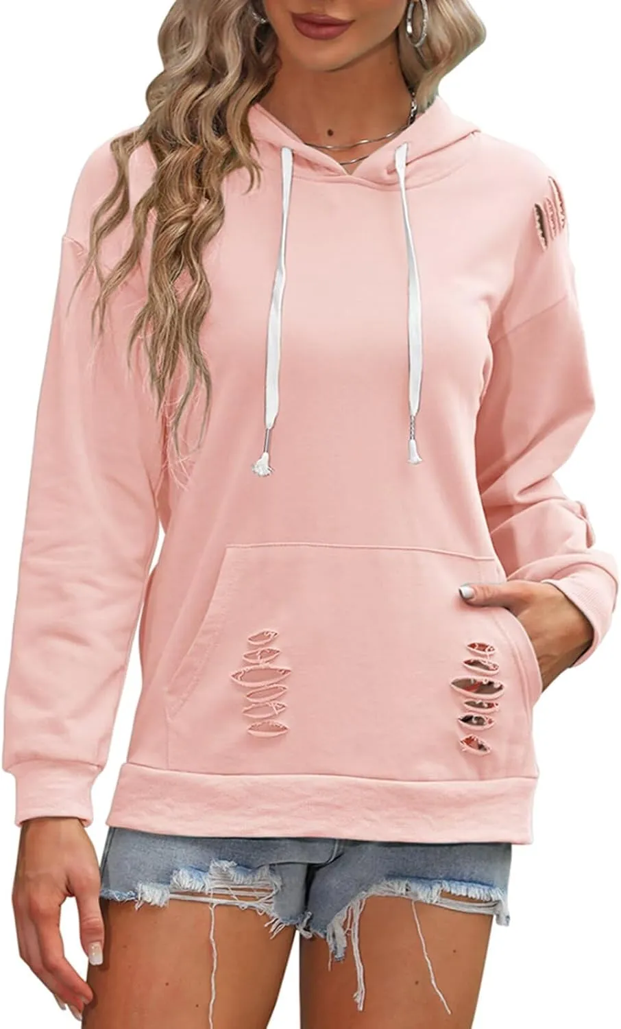 EADINVE Women's Hooded Sweatshirt Hollow Out Distressed Long Sleeve Drawstring Hoodie with Kangaroo Pocket