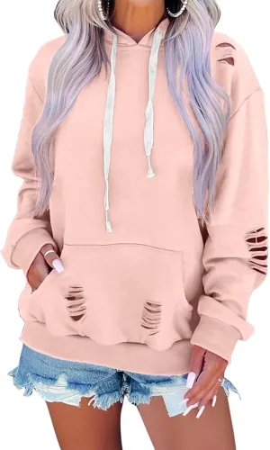 EADINVE Women's Hooded Sweatshirt Hollow Out Distressed Long Sleeve Drawstring Hoodie with Kangaroo Pocket