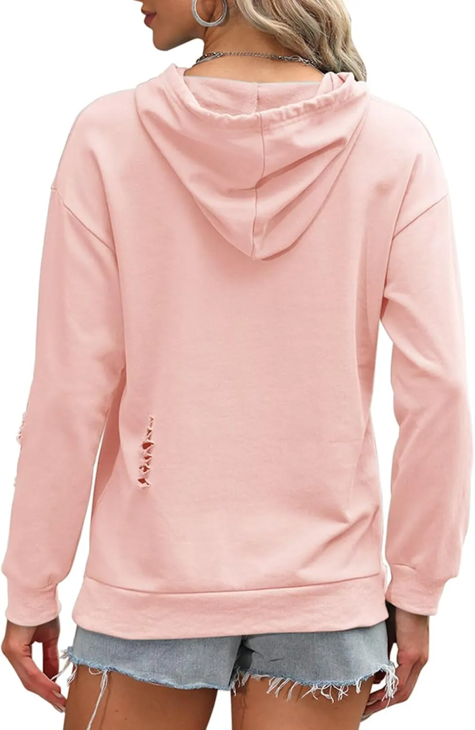 EADINVE Women's Hooded Sweatshirt Hollow Out Distressed Long Sleeve Drawstring Hoodie with Kangaroo Pocket