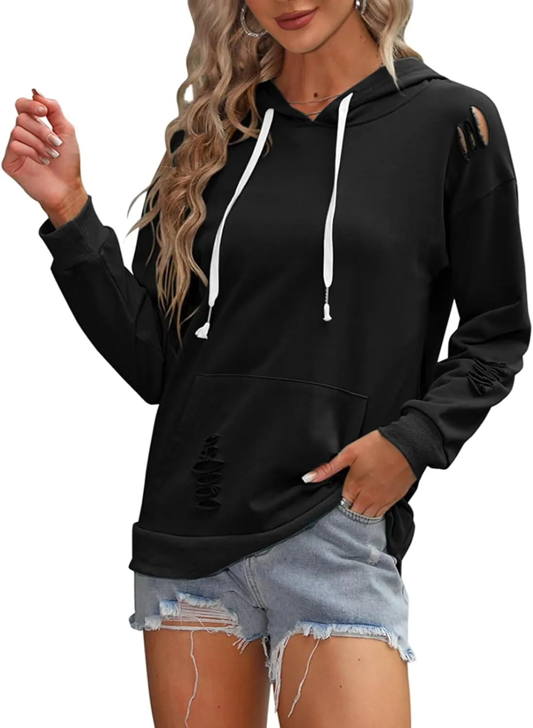 EADINVE Women's Hooded Sweatshirt Hollow Out Distressed Long Sleeve Drawstring Hoodie with Kangaroo Pocket