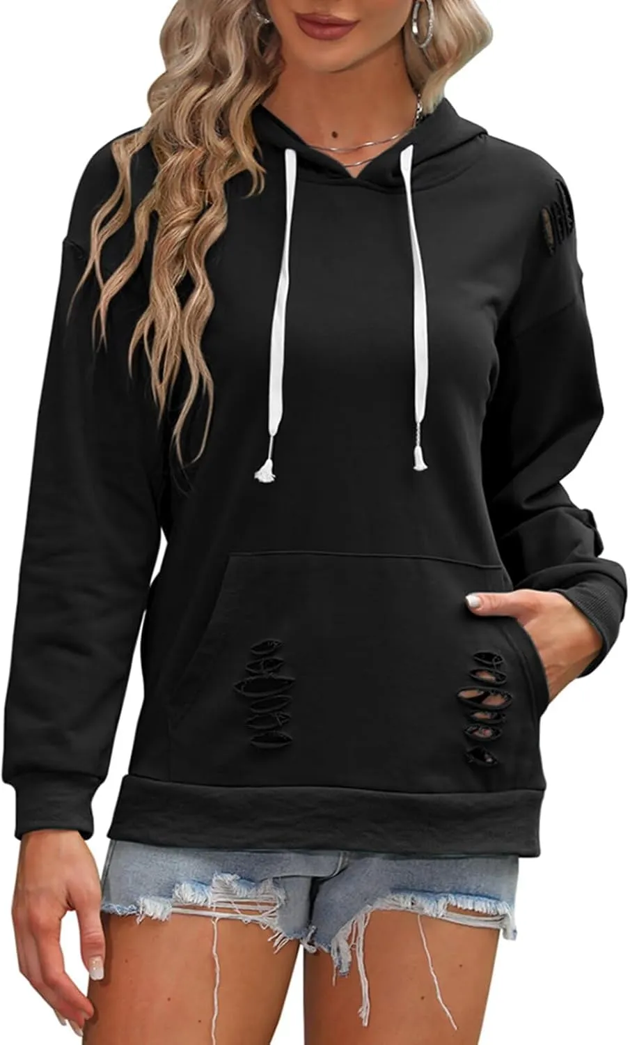 EADINVE Women's Hooded Sweatshirt Hollow Out Distressed Long Sleeve Drawstring Hoodie with Kangaroo Pocket