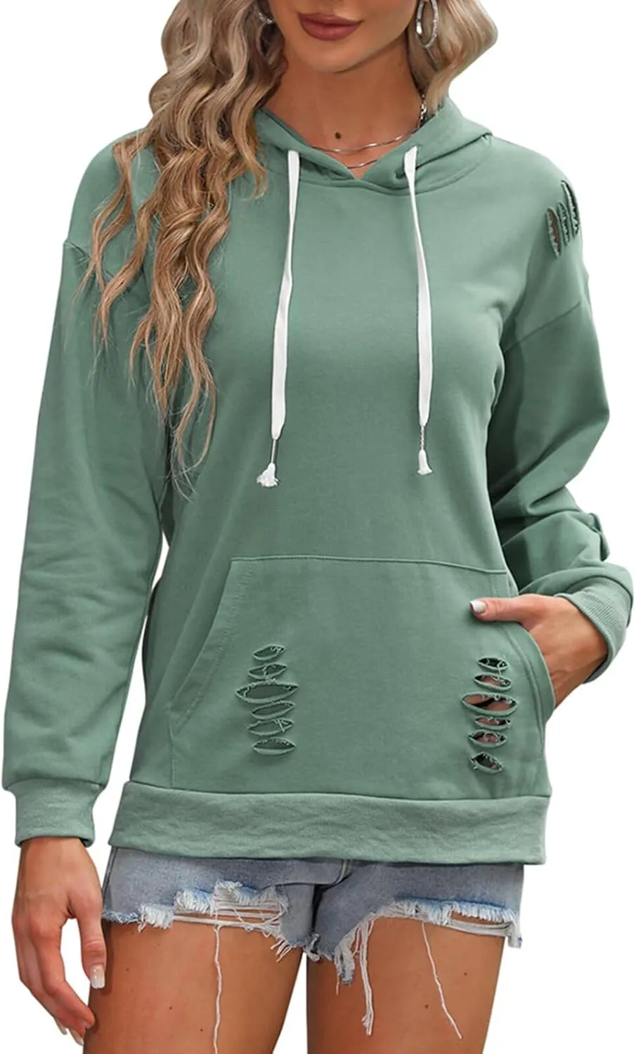 EADINVE Women's Hooded Sweatshirt Hollow Out Distressed Long Sleeve Drawstring Hoodie with Kangaroo Pocket