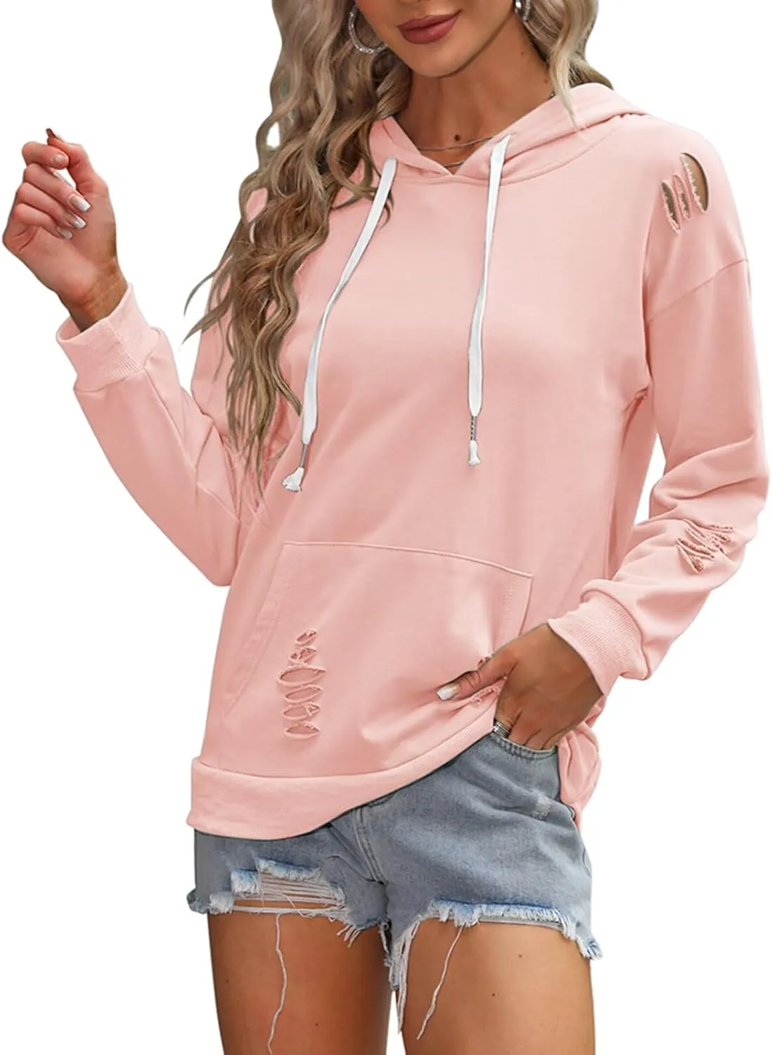 EADINVE Women's Hooded Sweatshirt Hollow Out Distressed Long Sleeve Drawstring Hoodie with Kangaroo Pocket