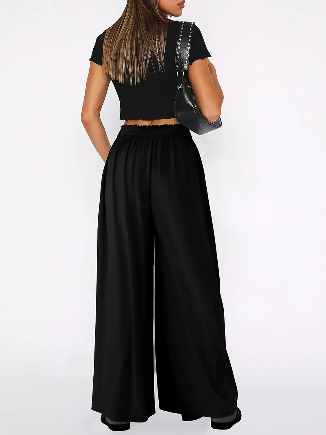 ebossy Women's Wide Leg Pants Elastic High Waist Drape Casual Loose Pleated Palazzo Yoga Beach Long Trouser Culottes