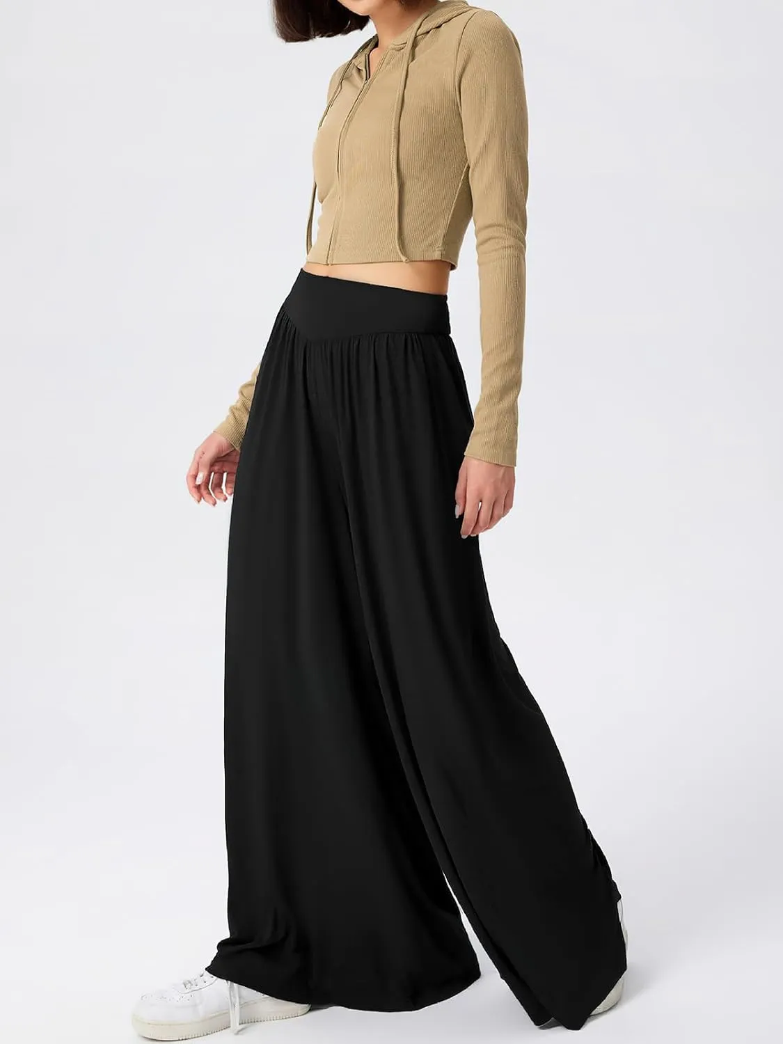 ebossy Women's Wide Leg Pants Elastic High Waist Drape Casual Loose Pleated Palazzo Yoga Beach Long Trouser Culottes