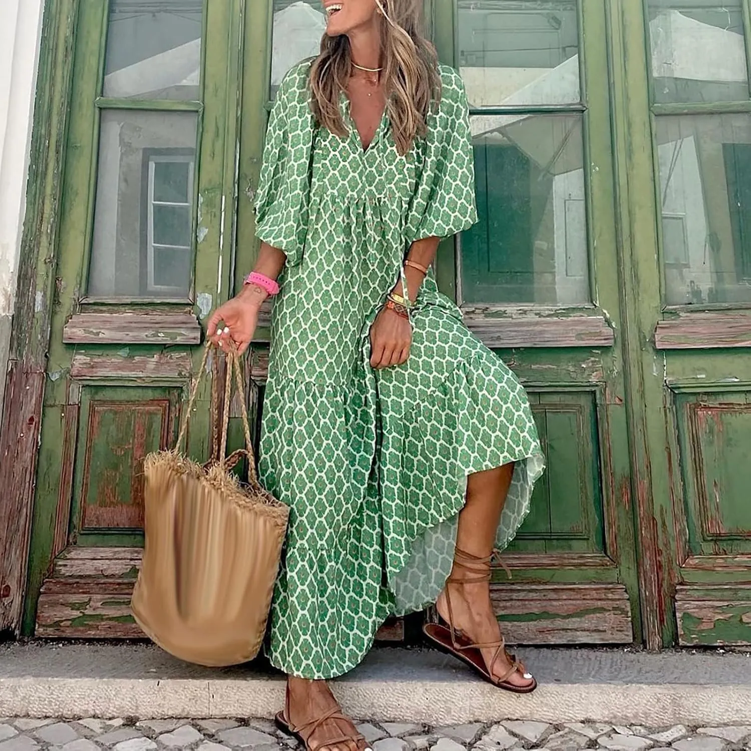 Eduavar Summer Dresses for Women 2024, Maxi Dress for Women Summer Boho Flowy Long Dress Short Sleeve Loose Fit Dress