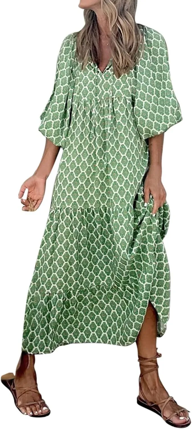 Eduavar Summer Dresses for Women 2024, Maxi Dress for Women Summer Boho Flowy Long Dress Short Sleeve Loose Fit Dress