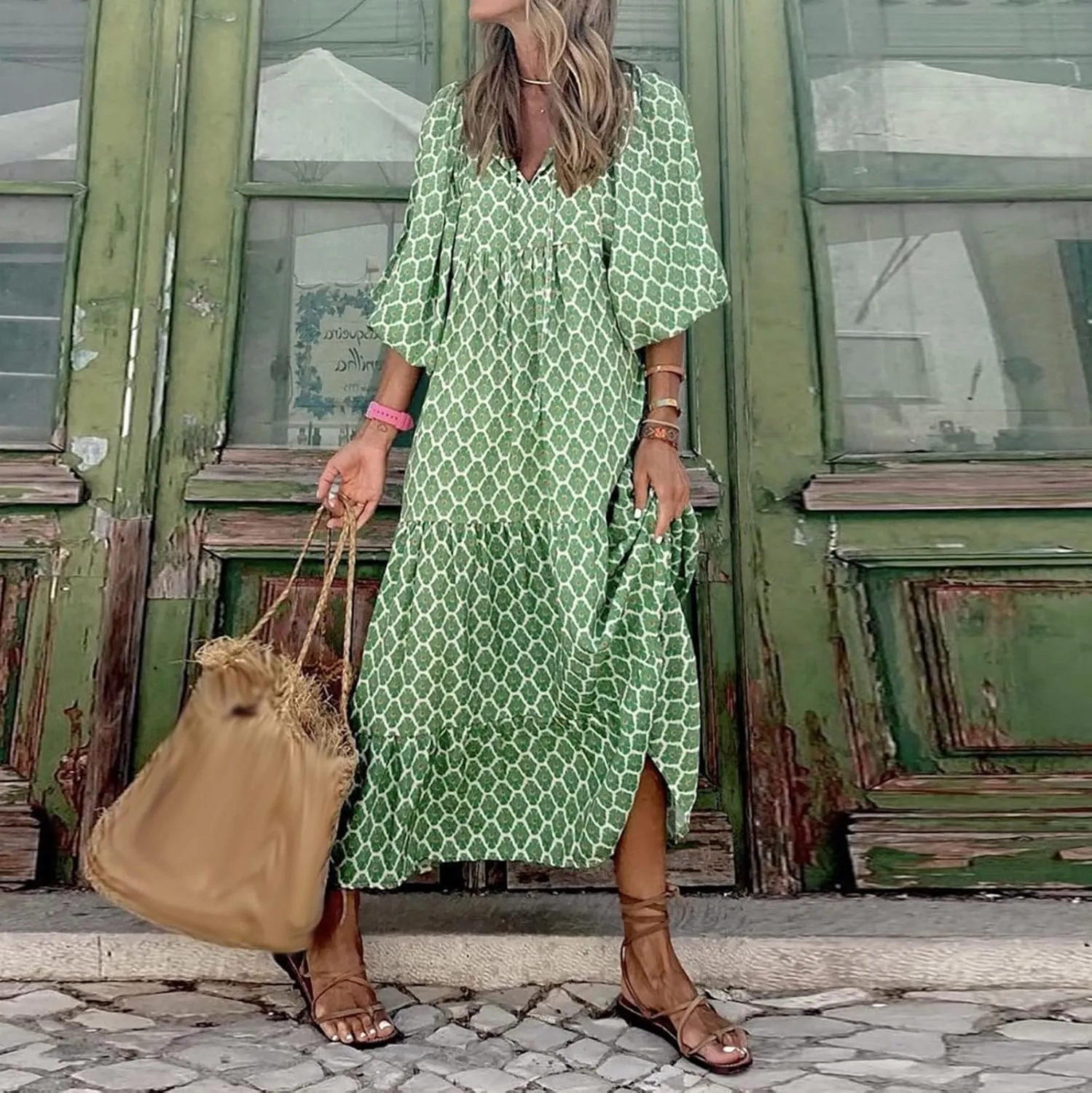 Eduavar Summer Dresses for Women 2024, Maxi Dress for Women Summer Boho Flowy Long Dress Short Sleeve Loose Fit Dress