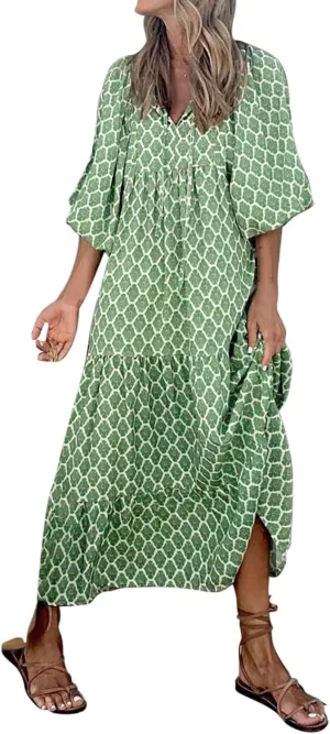 Eduavar Summer Dresses for Women 2024, Maxi Dress for Women Summer Boho Flowy Long Dress Short Sleeve Loose Fit Dress