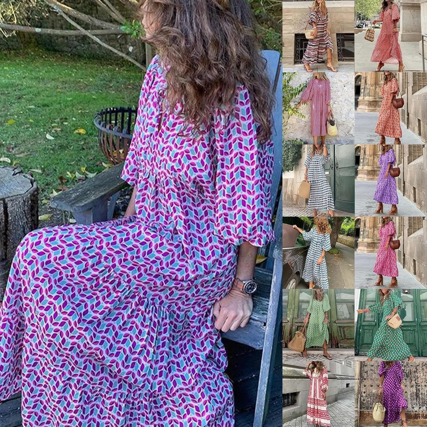 Eduavar Summer Dresses for Women 2024, Maxi Dress for Women Summer Boho Flowy Long Dress Short Sleeve Loose Fit Dress