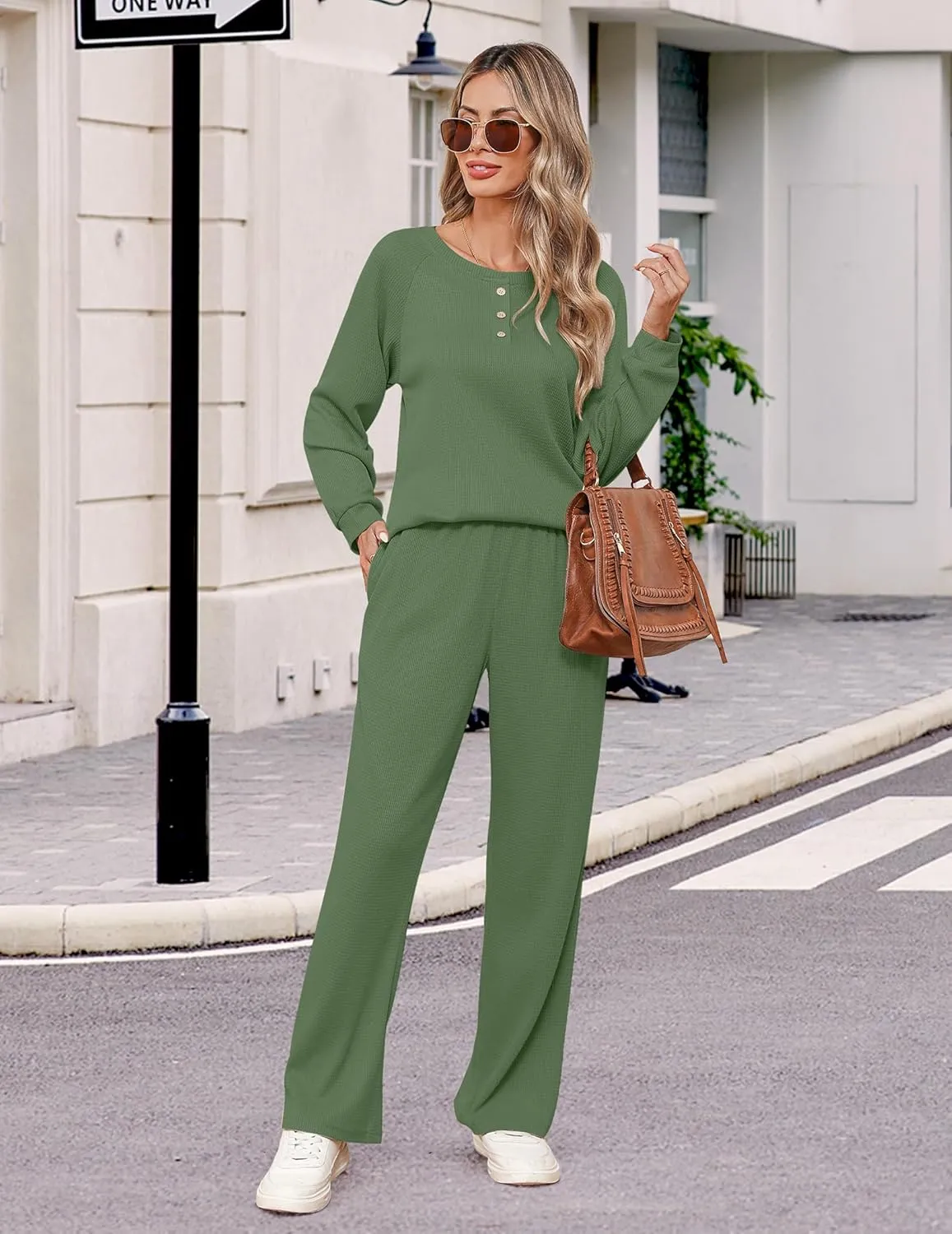 Ekouaer Waffle Knit Pajamas for Women Set Long Sleeve Pants Pj Henley Tops Lounge Sets Comfy Sleepwear with Pockets