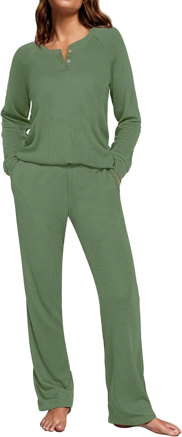 Ekouaer Waffle Knit Pajamas for Women Set Long Sleeve Pants Pj Henley Tops Lounge Sets Comfy Sleepwear with Pockets