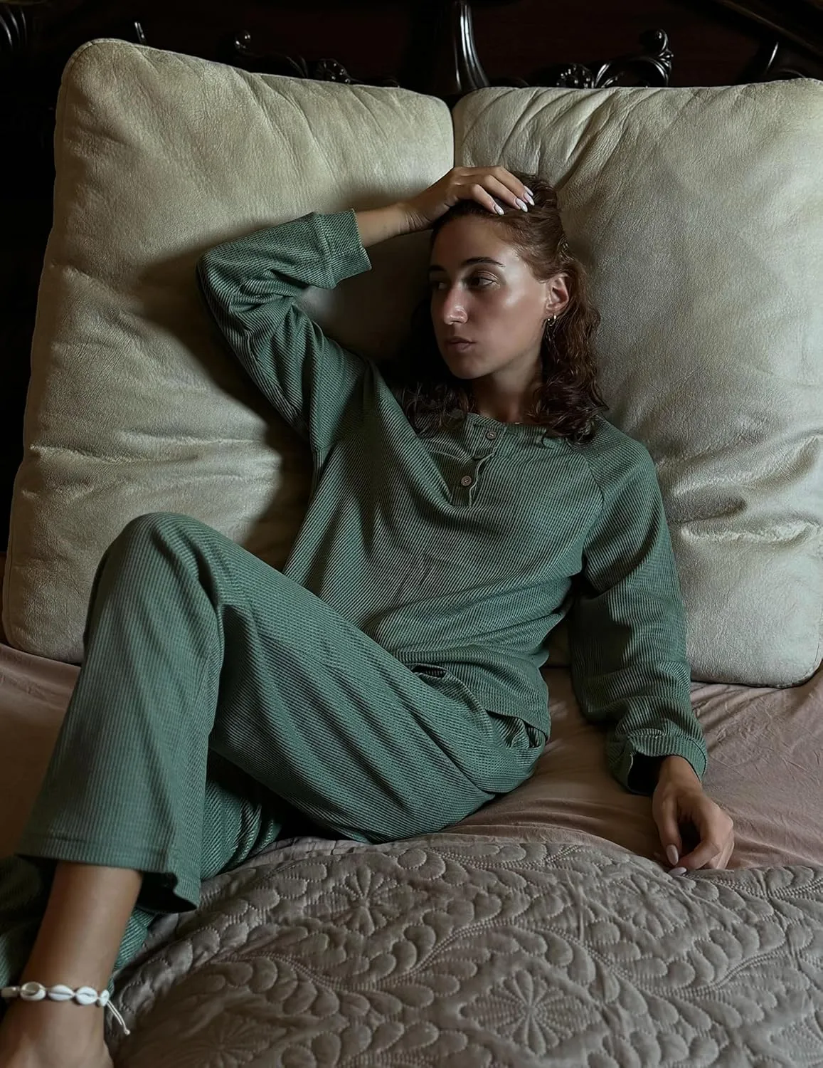 Ekouaer Waffle Knit Pajamas for Women Set Long Sleeve Pants Pj Henley Tops Lounge Sets Comfy Sleepwear with Pockets