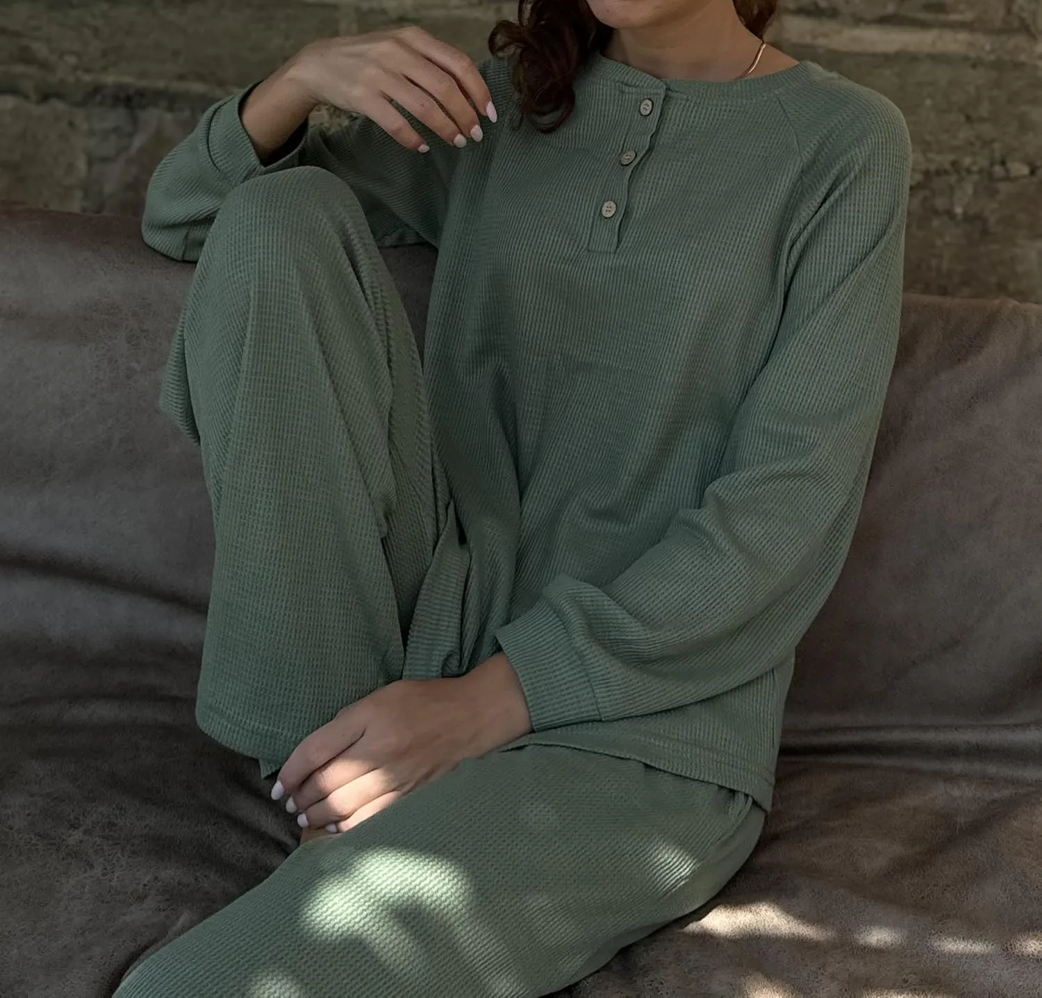 Ekouaer Waffle Knit Pajamas for Women Set Long Sleeve Pants Pj Henley Tops Lounge Sets Comfy Sleepwear with Pockets