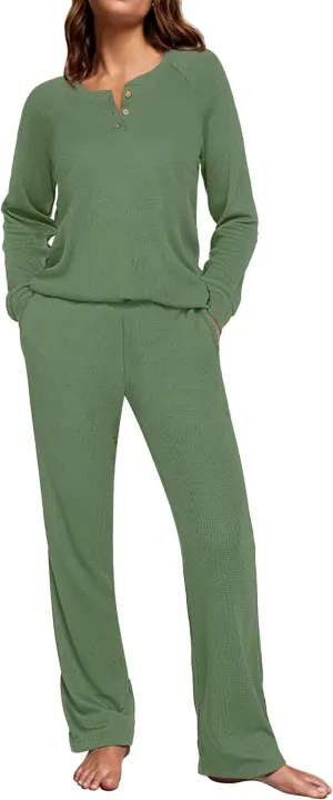Ekouaer Waffle Knit Pajamas for Women Set Long Sleeve Pants Pj Henley Tops Lounge Sets Comfy Sleepwear with Pockets