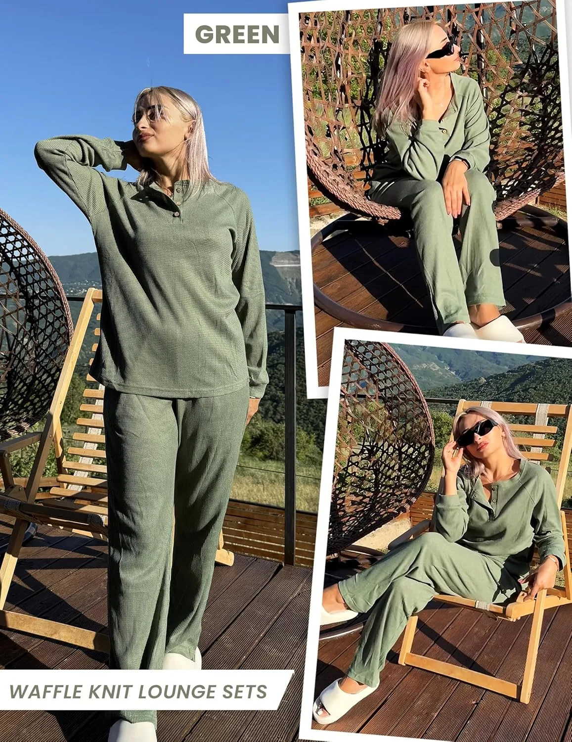 Ekouaer Waffle Knit Pajamas for Women Set Long Sleeve Pants Pj Henley Tops Lounge Sets Comfy Sleepwear with Pockets