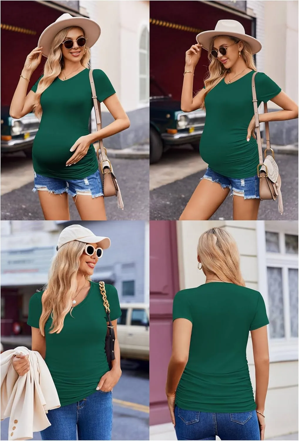 Ekouaer Womens Maternity Shirts 3 Packs V Neck Tops Tunic Pregnancy Clothes Side Ruched Short Sleeve Casual T Shirt S-XXL