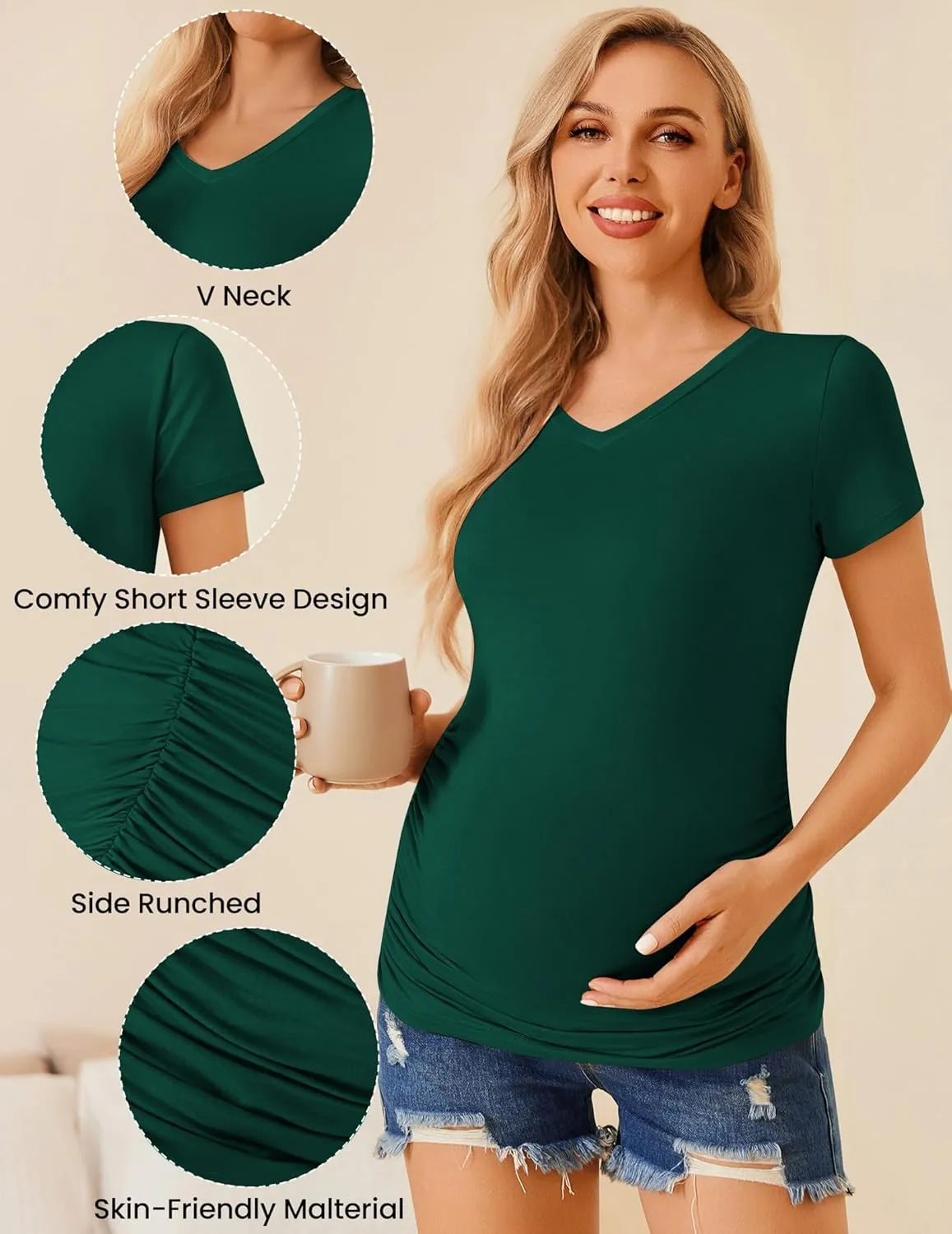 Ekouaer Womens Maternity Shirts 3 Packs V Neck Tops Tunic Pregnancy Clothes Side Ruched Short Sleeve Casual T Shirt S-XXL