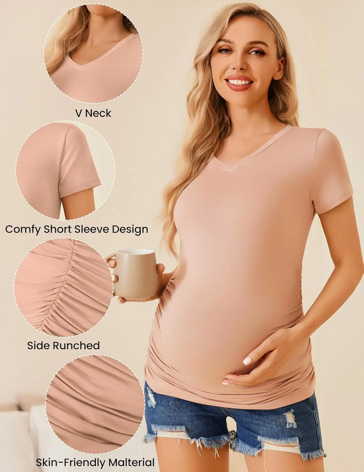 Ekouaer Womens Maternity Shirts 3 Packs V Neck Tops Tunic Pregnancy Clothes Side Ruched Short Sleeve Casual T Shirt S-XXL