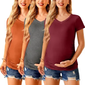 Ekouaer Womens Maternity Shirts 3 Packs V Neck Tops Tunic Pregnancy Clothes Side Ruched Short Sleeve Casual T Shirt S-XXL