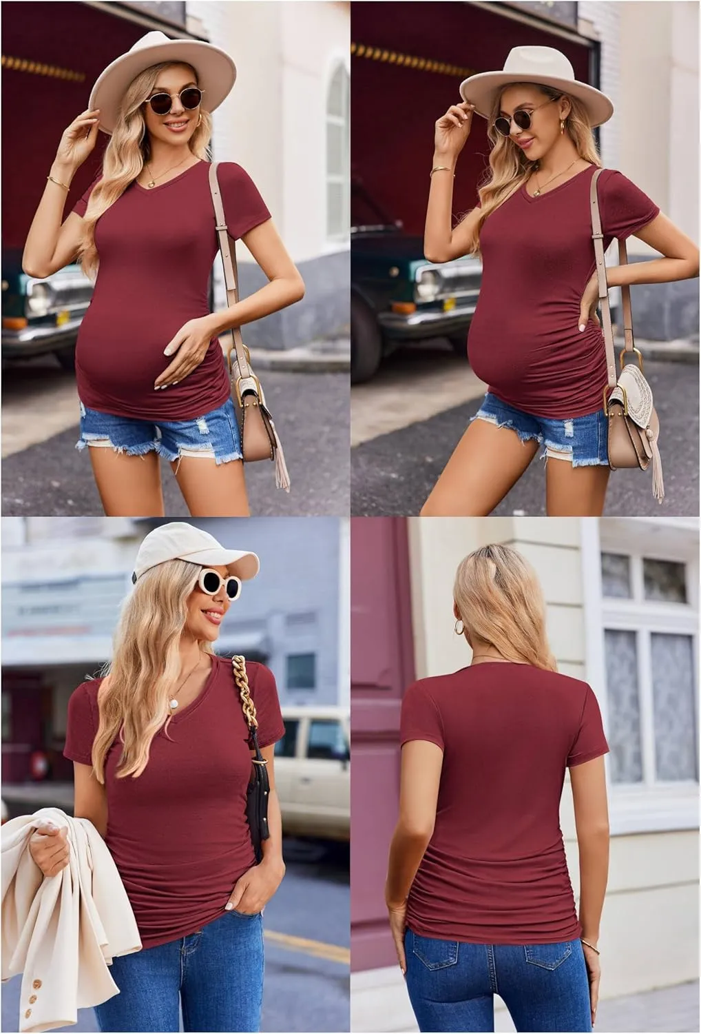 Ekouaer Womens Maternity Shirts 3 Packs V Neck Tops Tunic Pregnancy Clothes Side Ruched Short Sleeve Casual T Shirt S-XXL