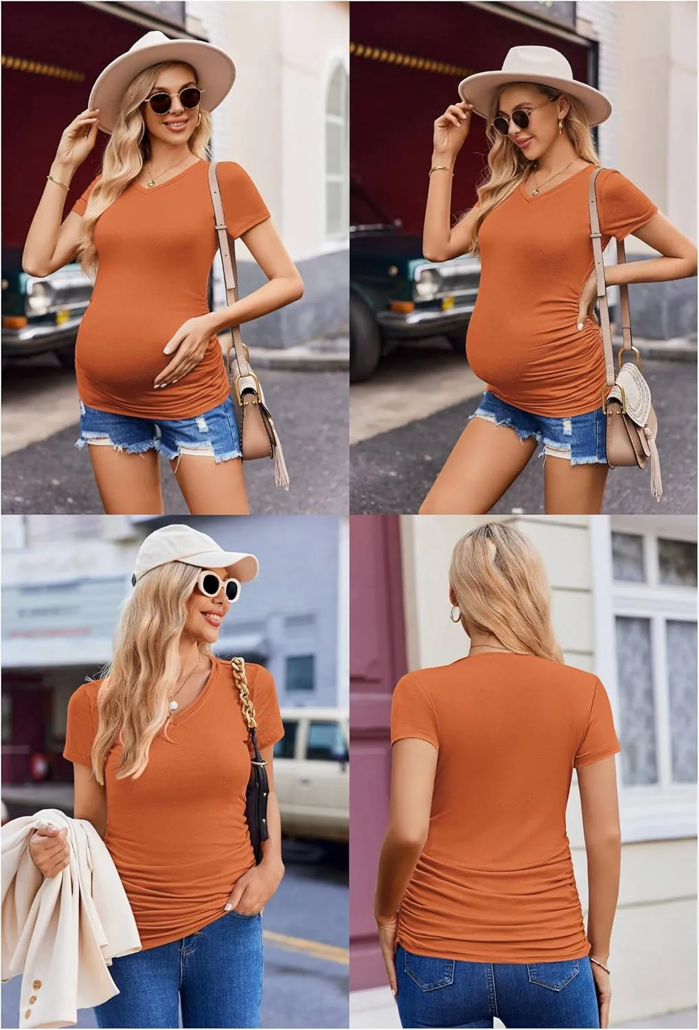 Ekouaer Womens Maternity Shirts 3 Packs V Neck Tops Tunic Pregnancy Clothes Side Ruched Short Sleeve Casual T Shirt S-XXL