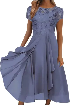 Elegant Embroidery Women Midi Dresses Summer Flowy Lace Cap Sleeve Dress 2025 Chiffon Plus Size Formal Evening Gowns
