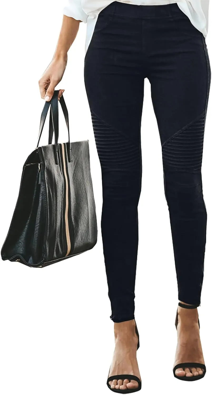 eoeioa Plus Size Leggings with Pockets for Women High Waisted Stretch Skinny Zipper Cropped Pencil Pants Stripe Tights Pants