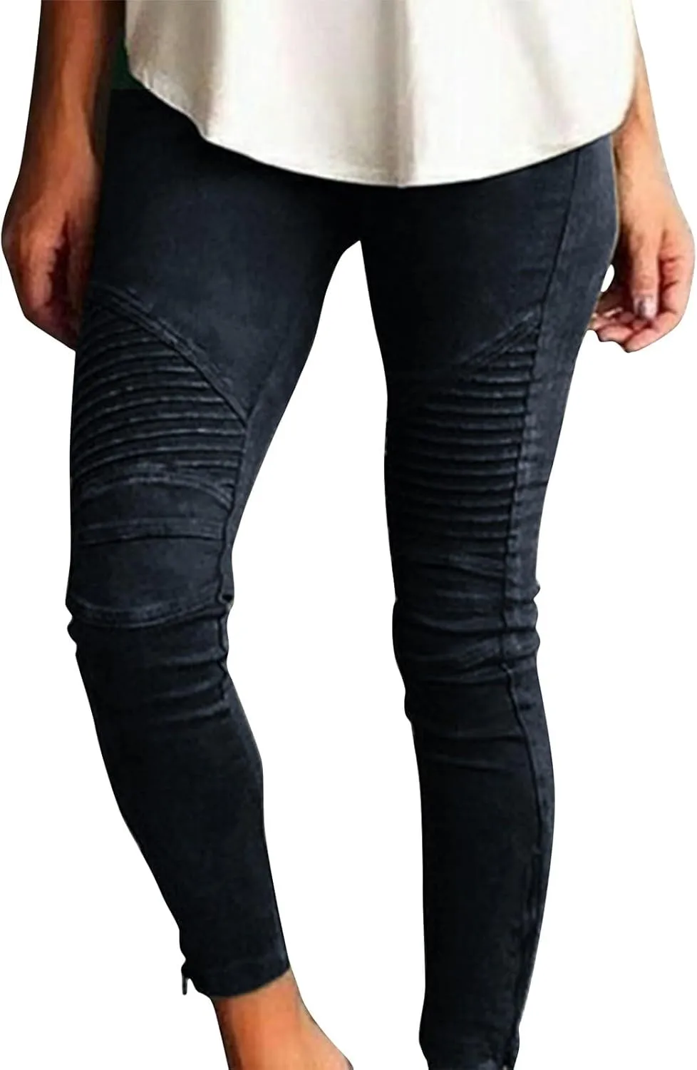 eoeioa Plus Size Leggings with Pockets for Women High Waisted Stretch Skinny Zipper Cropped Pencil Pants Stripe Tights Pants