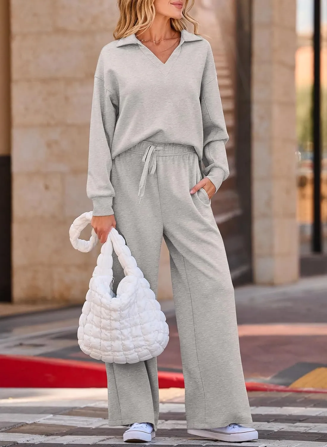 EVALESS Two Piece Sets for Women Lounge Sets V Neck Sweatshirt Wide Leg Sweatpants Women Outfits
