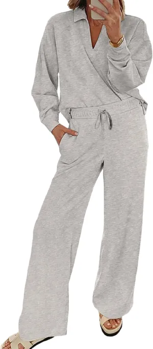 EVALESS Two Piece Sets for Women Lounge Sets V Neck Sweatshirt Wide Leg Sweatpants Women Outfits