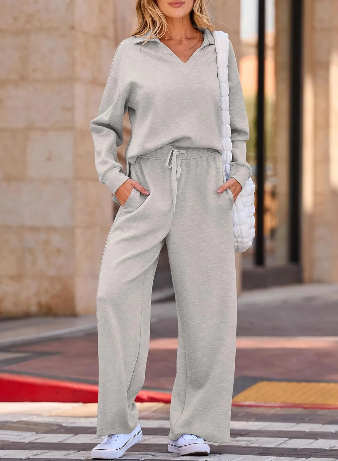 EVALESS Two Piece Sets for Women Lounge Sets V Neck Sweatshirt Wide Leg Sweatpants Women Outfits