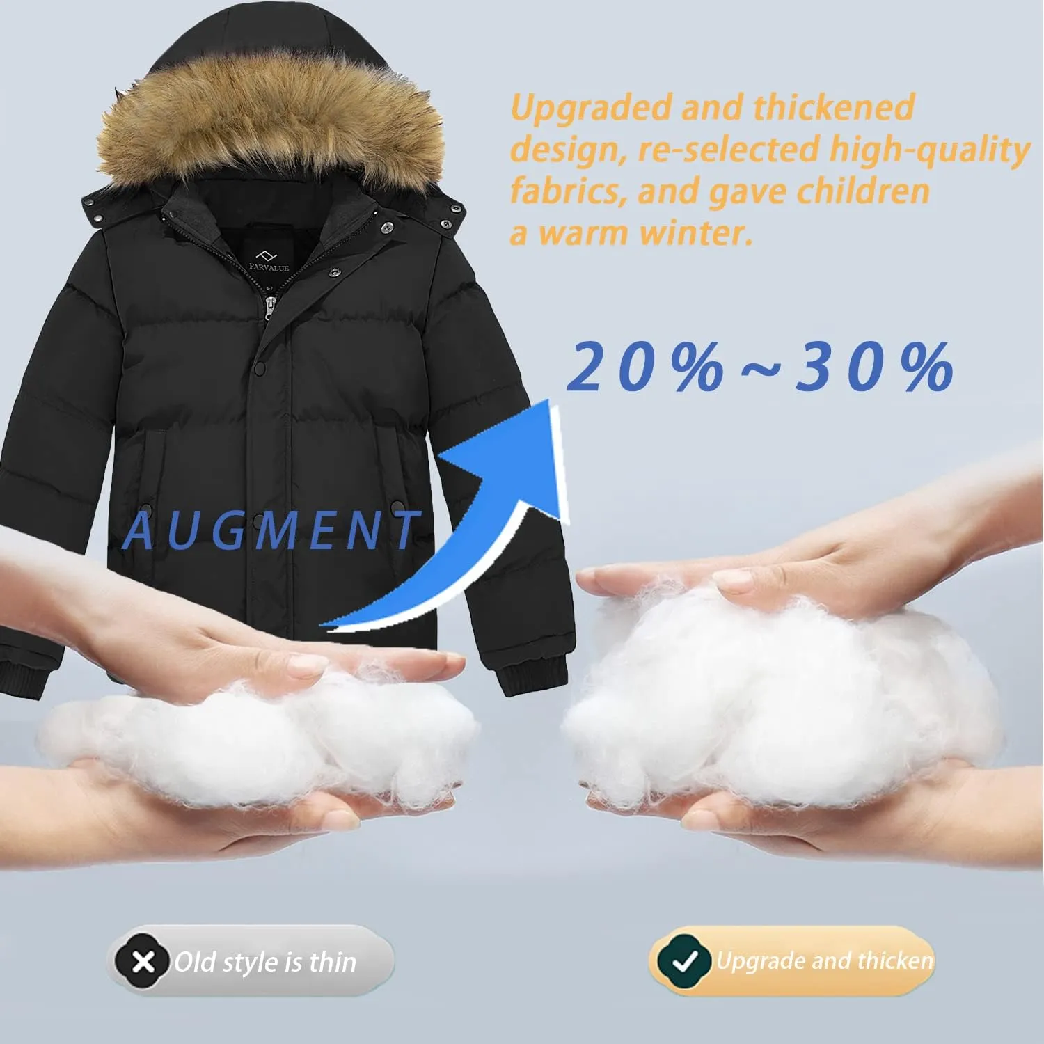 FARVALUE Boys Water Resistant Winter Coat Warm Quilted Puffer Jacket Hooded Parka Thicken Down Jacket for Boys