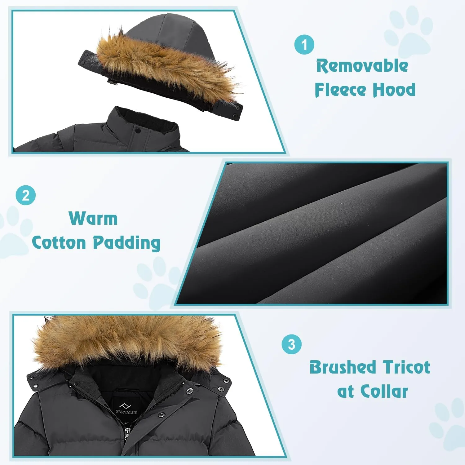 FARVALUE Boys Water Resistant Winter Coat Warm Quilted Puffer Jacket Hooded Parka Thicken Down Jacket for Boys