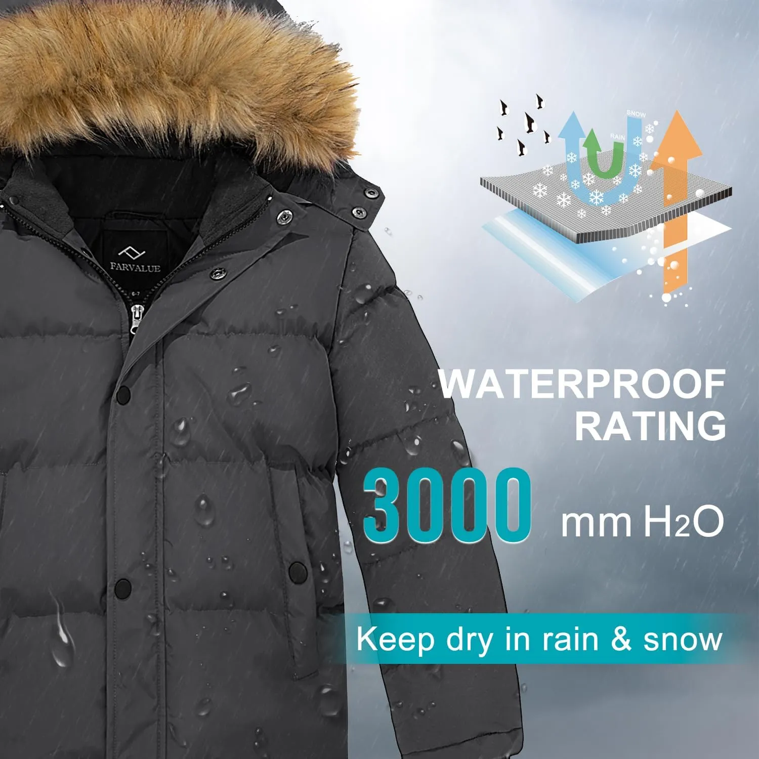 FARVALUE Boys Water Resistant Winter Coat Warm Quilted Puffer Jacket Hooded Parka Thicken Down Jacket for Boys