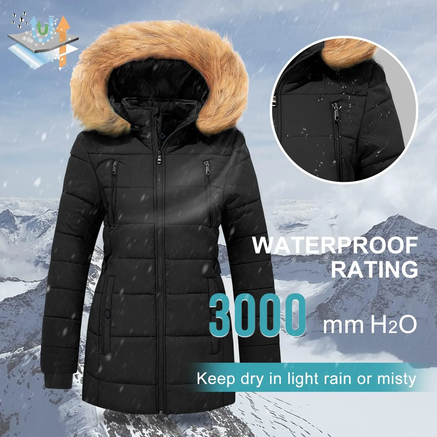 FARVALUE Womens Water Resistant Winter Coat Thicken Puffer Jacket Warm Quilted Parka Padded Windbreaker with Removable Hood