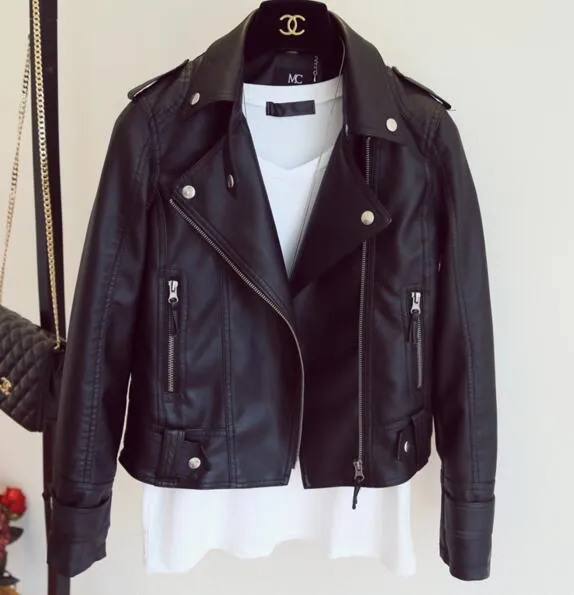 Female  New Design Spring Autumn PU Leather Jacket Faux Soft Leather Coat Slim Black Rivet Zipper Motorcycle Pink Jackets