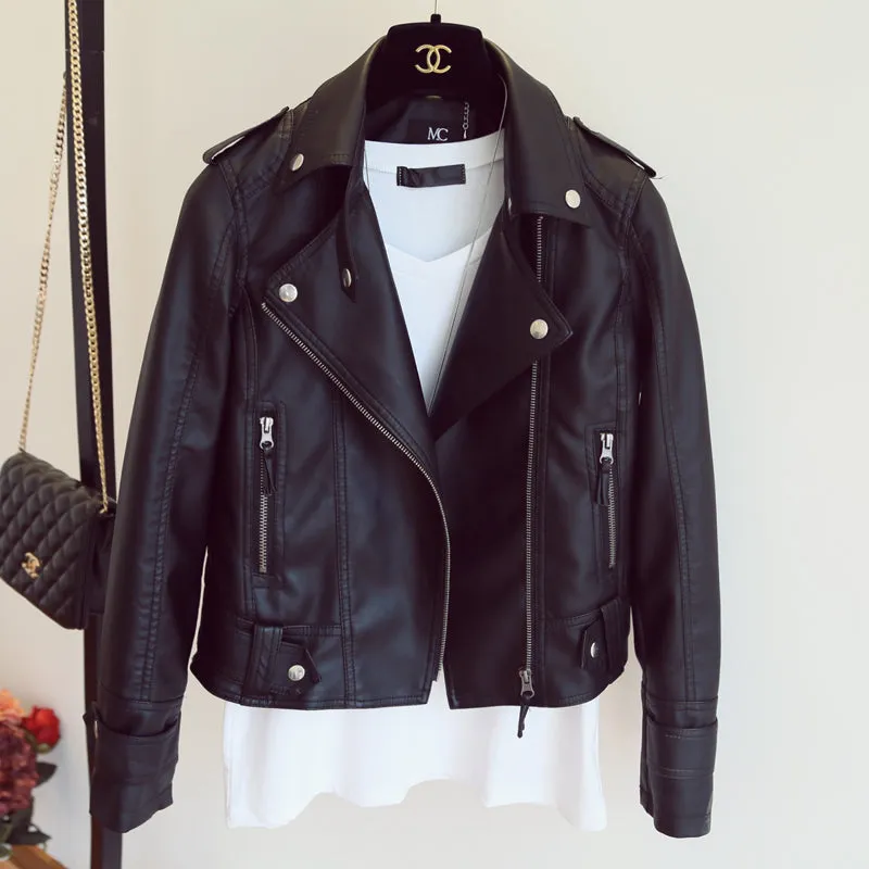 Female  New Design Spring Autumn PU Leather Jacket Faux Soft Leather Coat Slim Black Rivet Zipper Motorcycle Pink Jackets