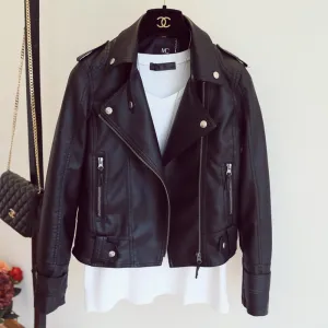 Female  New Design Spring Autumn PU Leather Jacket Faux Soft Leather Coat Slim Black Rivet Zipper Motorcycle Pink Jackets