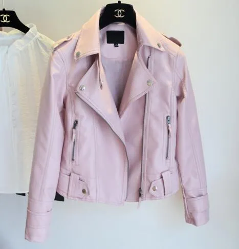 Female  New Design Spring Autumn PU Leather Jacket Faux Soft Leather Coat Slim Black Rivet Zipper Motorcycle Pink Jackets