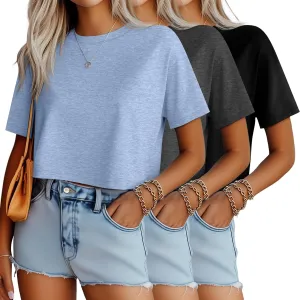Ficerd 3 Pack Women Crop Tops Half Sleeve Cropped T Shirts Casual Crew Neck Drop Shoulder Loose Summer Solid Color