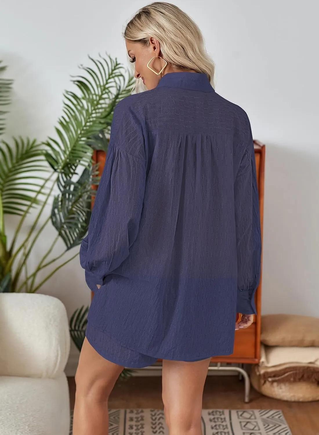 Fixmatti 2 Piece Outfits Long Sleeve Button Down Shirt and Shorts Sweatsuit Lounge Sets