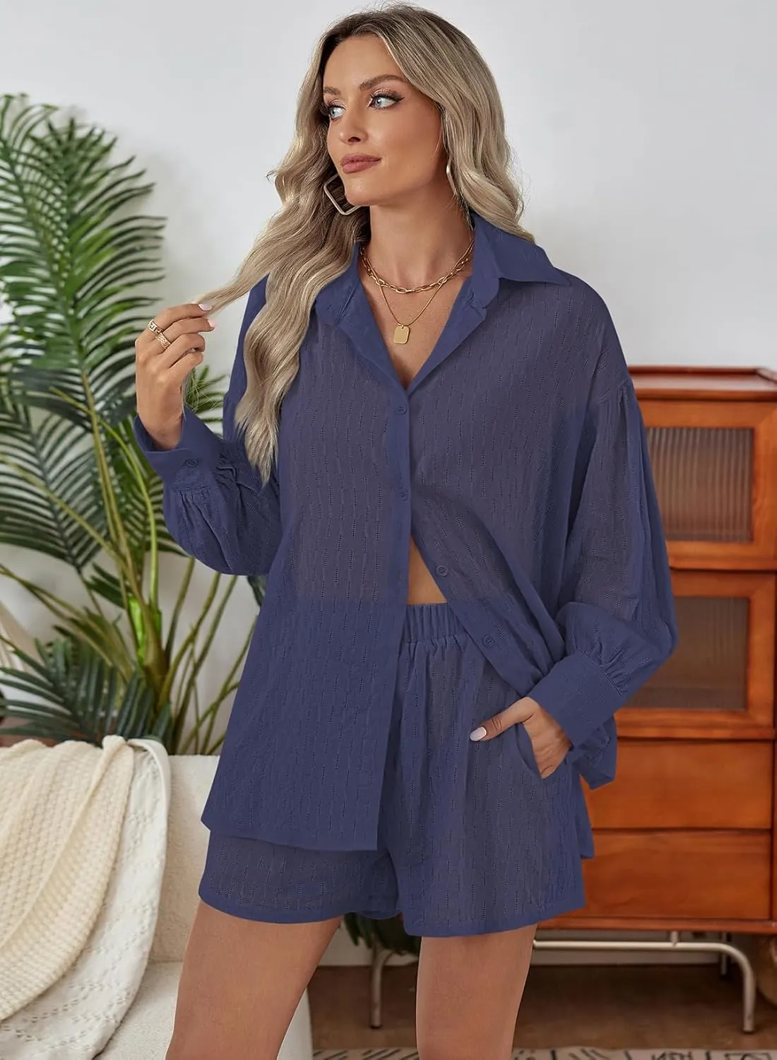 Fixmatti 2 Piece Outfits Long Sleeve Button Down Shirt and Shorts Sweatsuit Lounge Sets