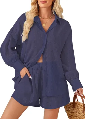 Fixmatti 2 Piece Outfits Long Sleeve Button Down Shirt and Shorts Sweatsuit Lounge Sets